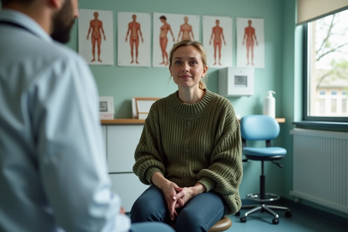 Patiente en consultation chez son médecin traitant, écoutant avec inquiétude une information importante dans un cabinet médical