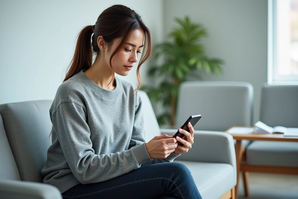 Patiente en salle d'attente consultant son téléphone pour vérifier si son spécialiste est Optam