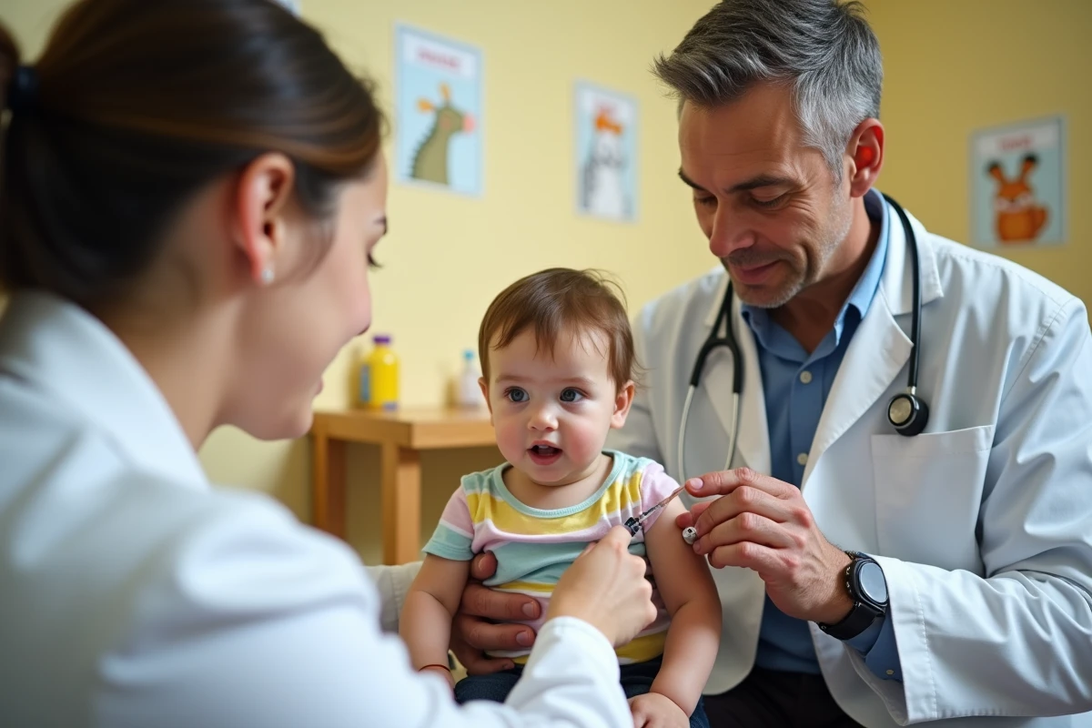 Pédiatre administrant un vaccin associé à un jeune enfant en consultation médicale