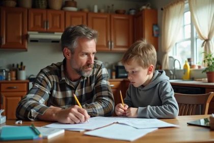 Père et fils présentant des signes de TDAH partagés assis ensemble à la table de cuisine avec des devoirs non terminés