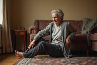 Femme âgée assise sur le sol de son salon essayant de se relever en s'appuyant sur un fauteuil