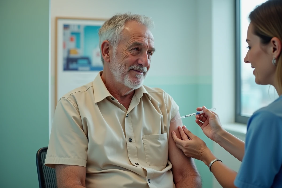 Homme âgé recevant une vaccination contre le pneumocoque chez son médecin