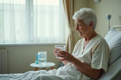 Femme âgée tenant un verre d'eau dans une chambre d'hôpital, illustrant la question de la survie des personnes âgées sans nourriture