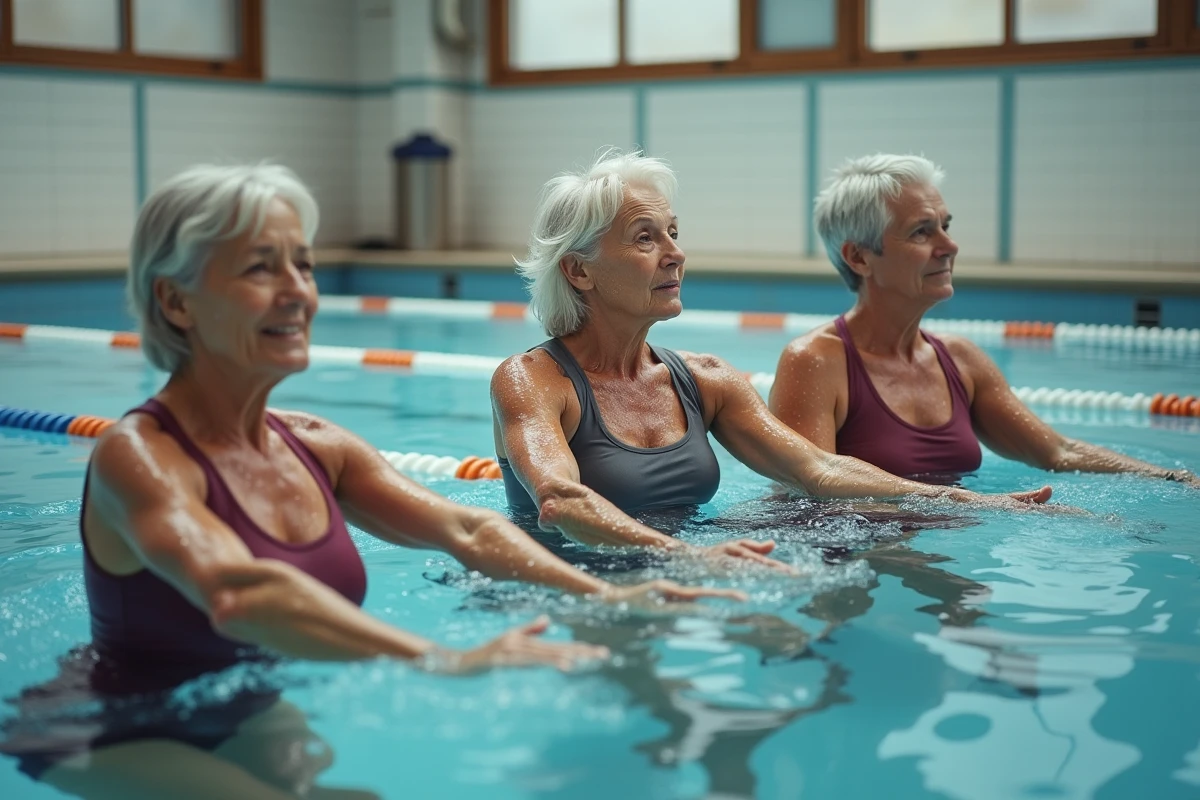 Groupe de personnes âgées pratiquant l'aquagym ensemble dans une piscine municipale couverte