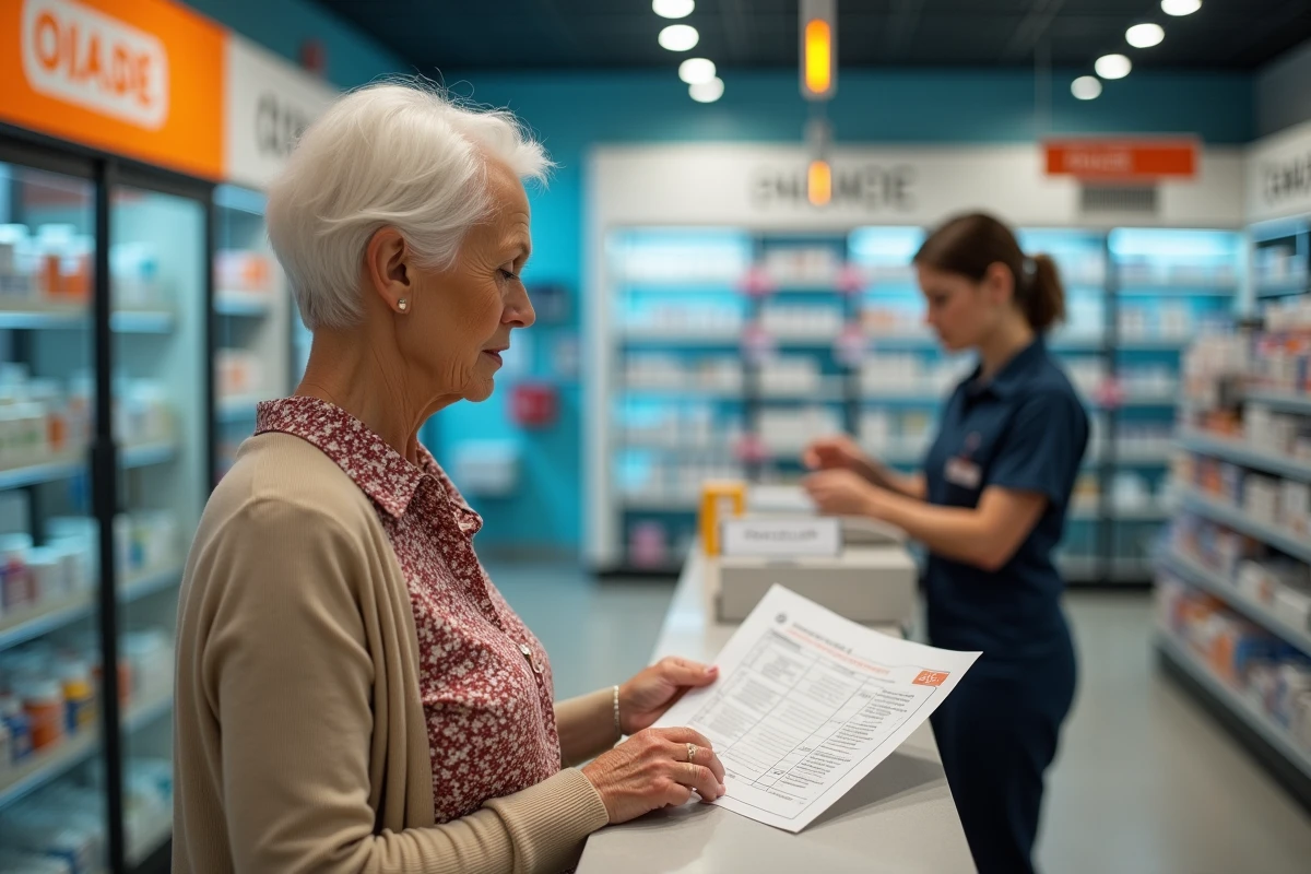 Une femme âgée consulte un calendrier vaccinal en pharmacie pour les vaccins diphtérie tétanos et papillomavirus
