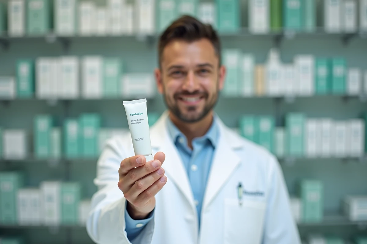Pharmacien tenant une boîte de médicament contre l'acné en vente libre derrière le comptoir d'une pharmacie