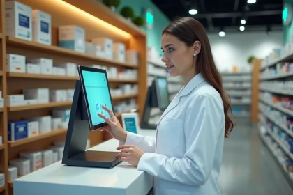 Pharmacienne en blouse blanche présentant un kiosque de téléconsultation dans une pharmacie moderne