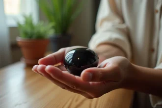 Pierre noire obsidienne posée dans la paume d'une femme, symbole de ses pouvoirs énergétiques et lithothérapeutiques