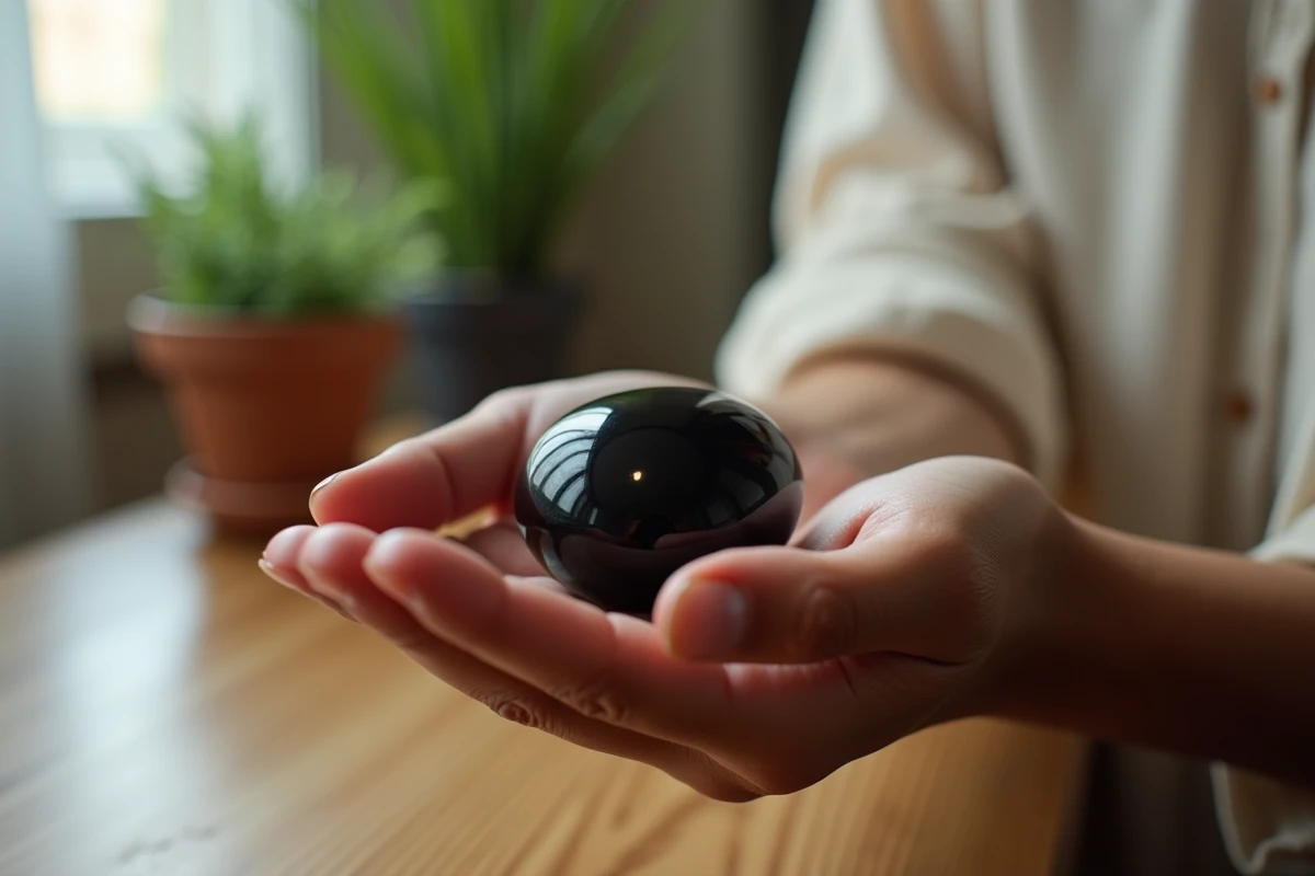 Pierre noire obsidienne posée dans la paume d'une femme, symbole de ses pouvoirs énergétiques et lithothérapeutiques