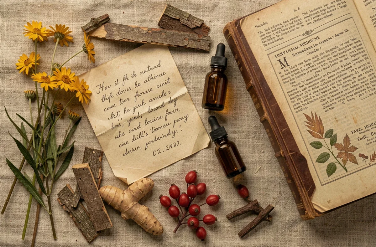 Vue aérienne de plantes médicinales pour l'arthrose disposées sur du lin brut, incluant l'arnica, le curcuma, l'écorce de saule et la griffe du diable avec des flacons de remèdes naturels