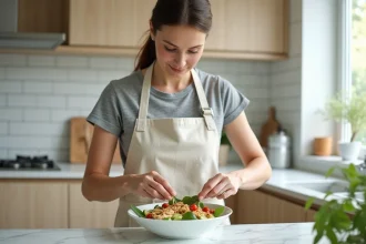 Femme préparant un bol de salade minceur avec quinoa, poulet grillé et légumes frais dans une cuisine moderne