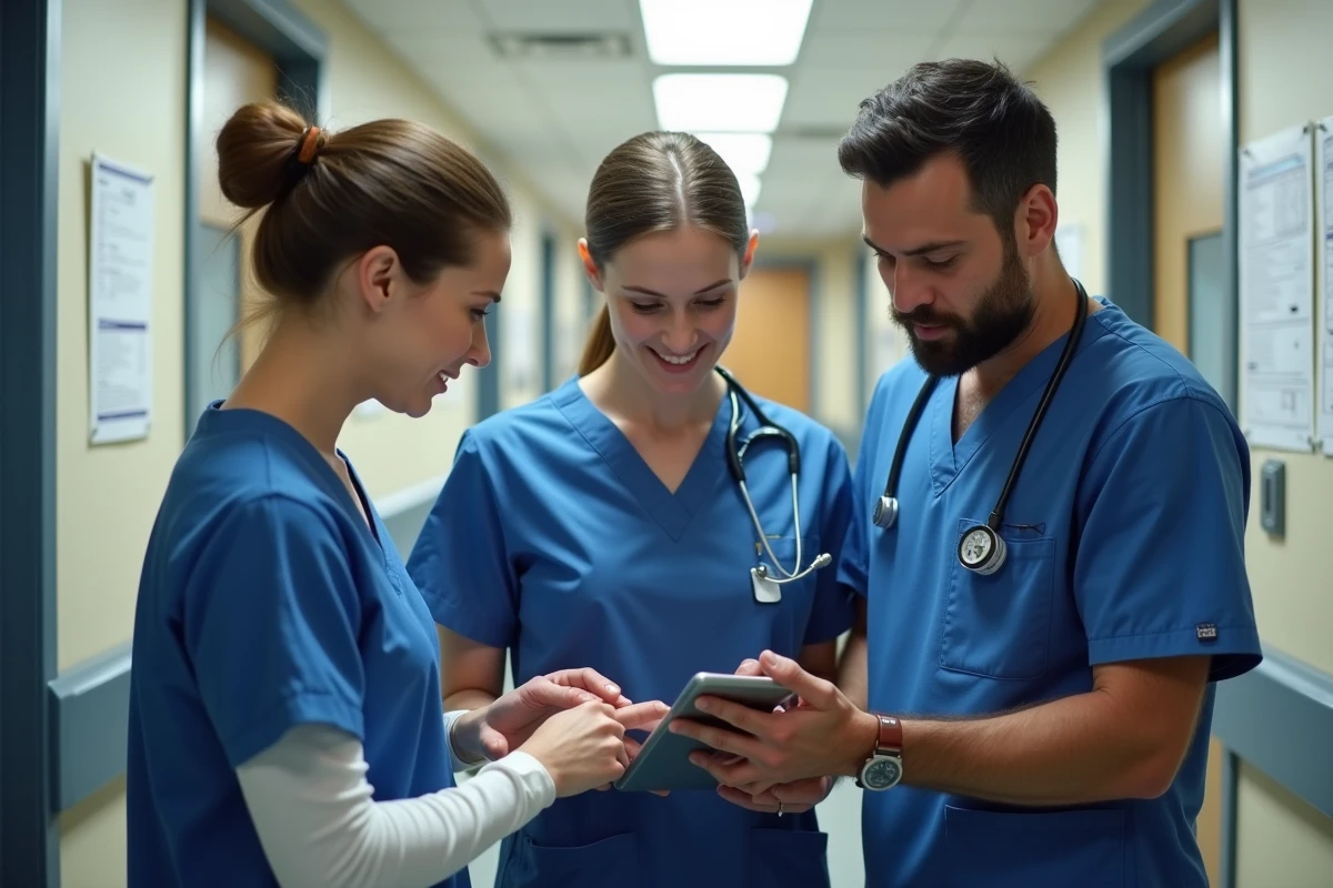 Équipe infirmière collaborative autour d'une tablette numérique dans un couloir hospitalier moderne