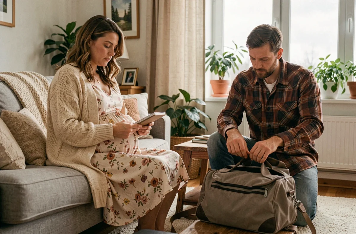 Couple attendant l'accouchement à la maison, femme enceinte vérifiant une liste avec son partenaire préparant le sac de maternité dans le salon