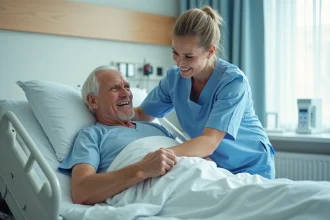 Infirmière repositionnant un patient âgé dans un lit d'hôpital pour prévenir les escarres