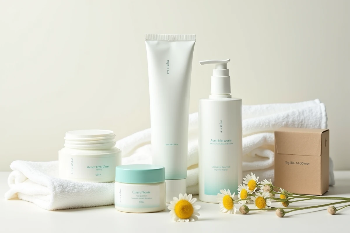 Assortiment de médicaments et soins contre l'acné en vente libre disposés en flat lay sur fond blanc