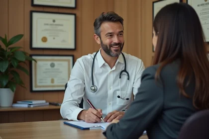 Psychiatre en consultation avec un patient dans un bureau médical professionnel avec diplômes et stéthoscope