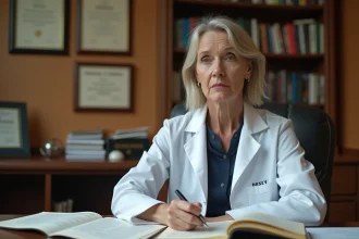 Psychiatre féminine consultant le DSM-5 dans son cabinet médical, montrant les limites d'un manuel de diagnostic psychiatrique