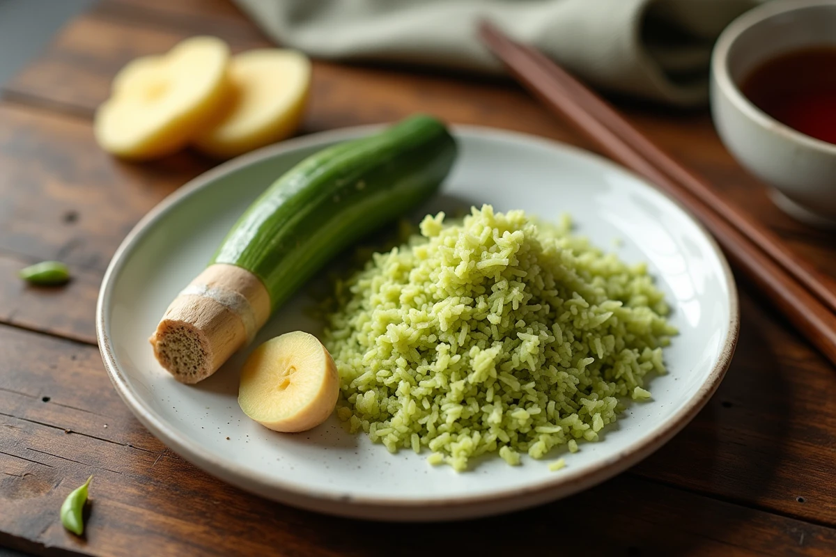 Gros plan sur une racine de wasabi fraîche râpée et des baguettes en bois sur une table rustique, style photographie culinaire