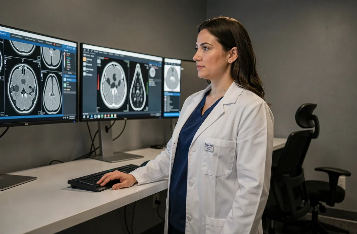 Radiologue femme examinant des images IRM sur des écrans médicaux dans le service d'imagerie médicale Cap Horn Santé