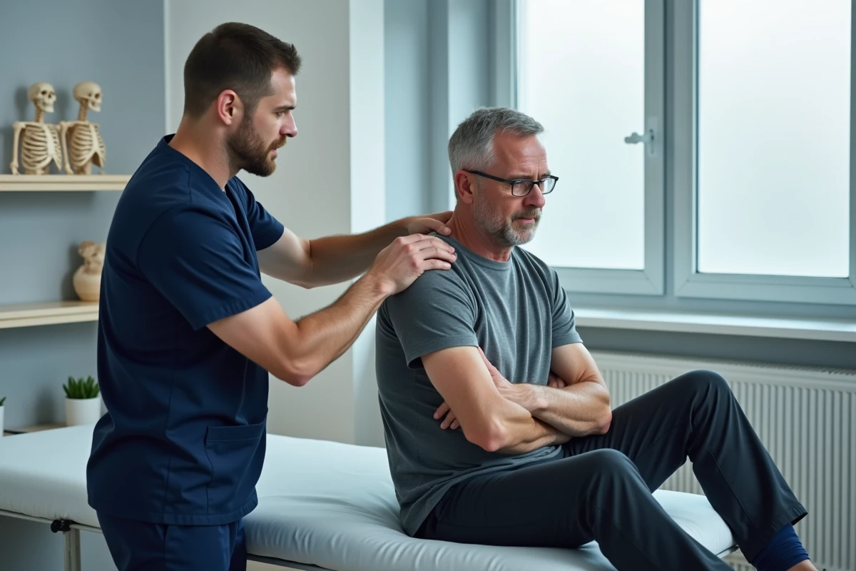 Kinésithérapeute aidant un patient à effectuer des exercices de mobilité de l'épaule dans un centre de rééducation rhumatologique