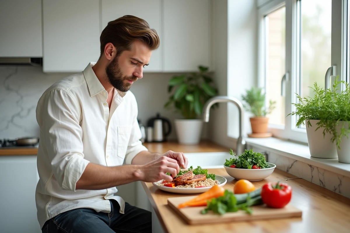 Homme préparant un repas équilibré pour stimuler son métabolisme naturellement