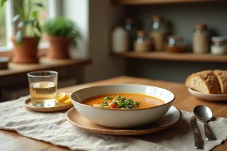 Repas du soir léger et équilibré avec soupe de légumes, pain complet et eau citronnée sur une table en bois rustique