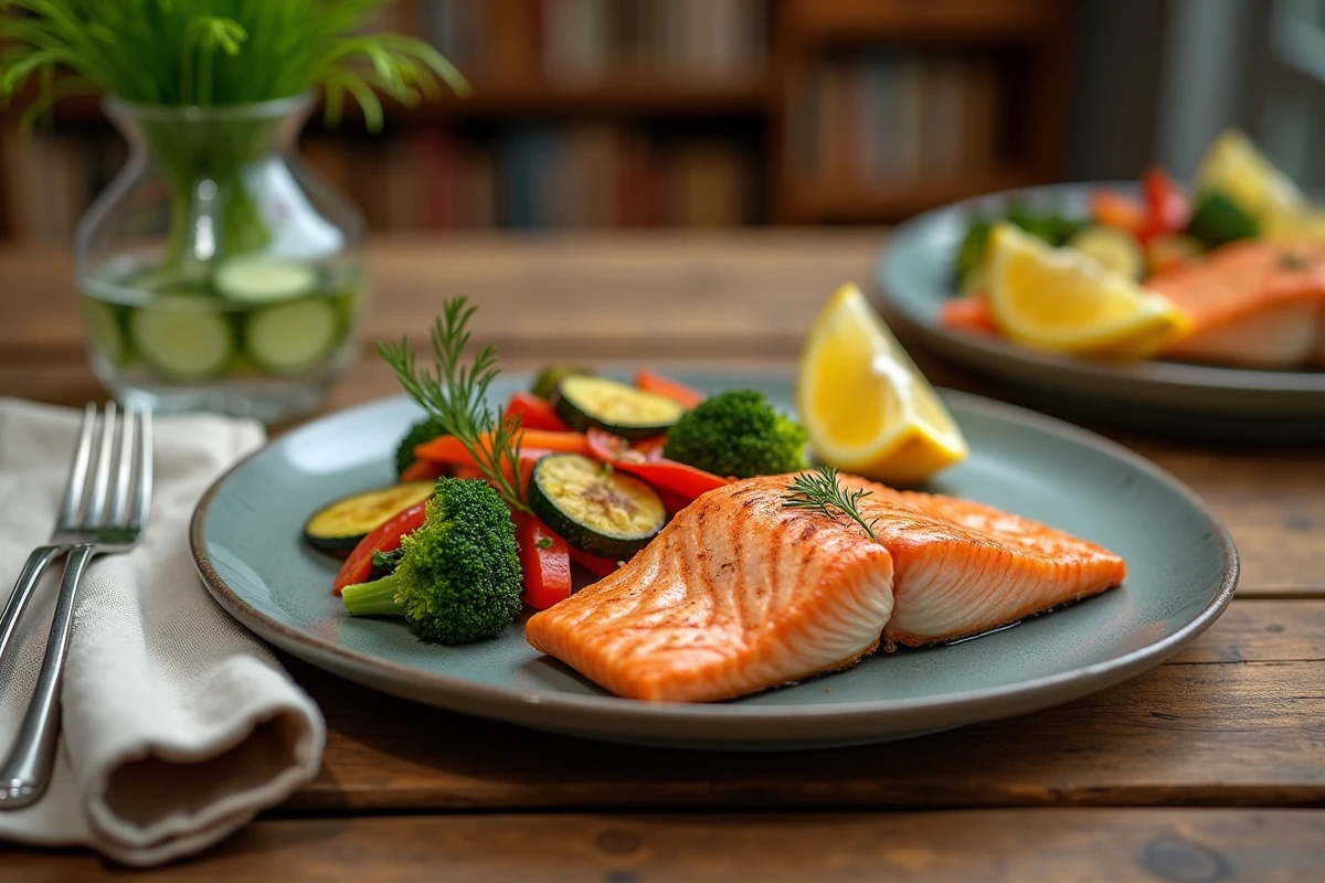 Assiette de saumon vapeur avec légumes rôtis, repas équilibré et faible en calories pour maigrir