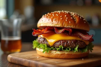 Burger calorique avec double steak, cheddar fondu et bacon croustillant sur planche en bois