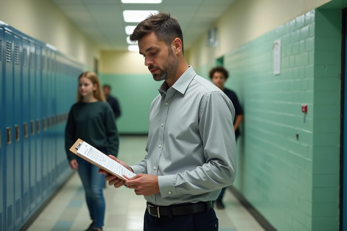 Responsable scolaire consultant une liste de contrôle des vaccinations dans un couloir d'école primaire