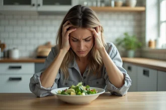 Femme regardant une assiette presque vide avec une expression de frustration, illustrant les risques d'une restriction calorique excessive pour la perte de poids