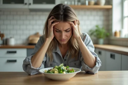 Femme regardant une assiette presque vide avec une expression de frustration, illustrant les risques d'une restriction calorique excessive pour la perte de poids