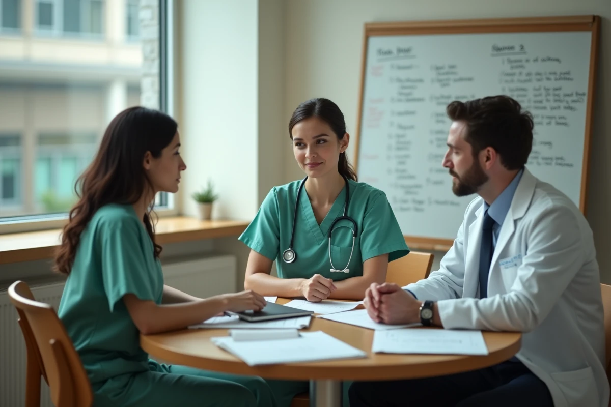 Réunion multidisciplinaire entre infirmière, médecin et pharmacien autour d'un dossier patient