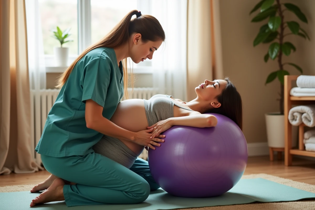 Sage-femme accompagnant une femme enceinte penchée sur un ballon de grossesse en salle de naissance