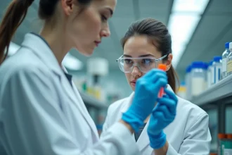 Scientifique en blouse blanche analysant un échantillon sanguin dans un laboratoire médical moderne pour l'étude des biomarqueurs de santé