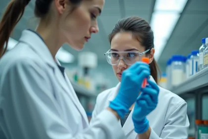 Scientifique en blouse blanche analysant un échantillon sanguin dans un laboratoire médical moderne pour l'étude des biomarqueurs de santé