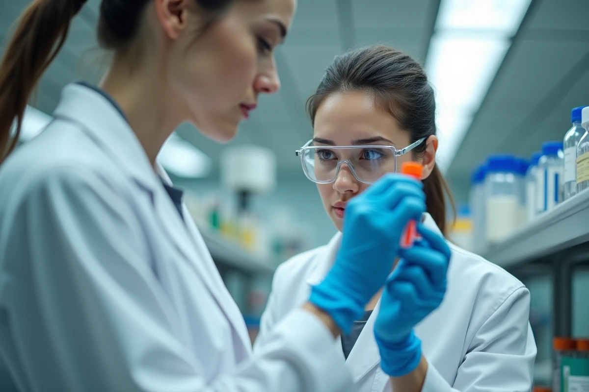 Scientifique en blouse blanche analysant un échantillon sanguin dans un laboratoire médical moderne pour l'étude des biomarqueurs de santé