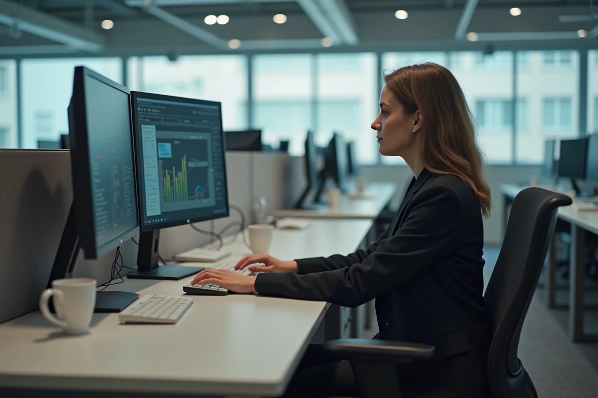 Femme assise immobile devant des écrans de bureau illustrant la sédentarité prolongée au travail