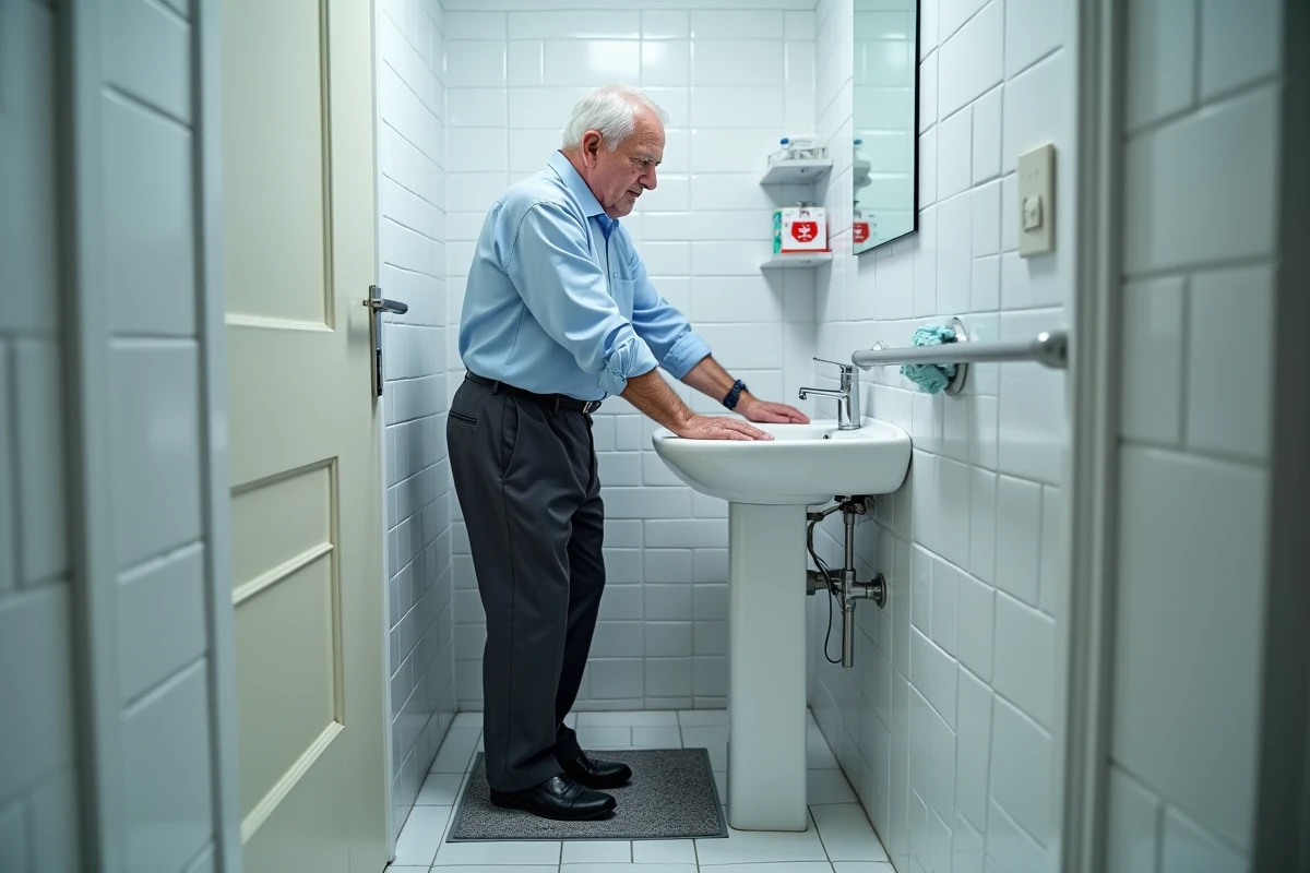 Homme âgé debout dans une salle de bain tenant une barre d'appui murale pour prévenir une chute sur carrelage glissant