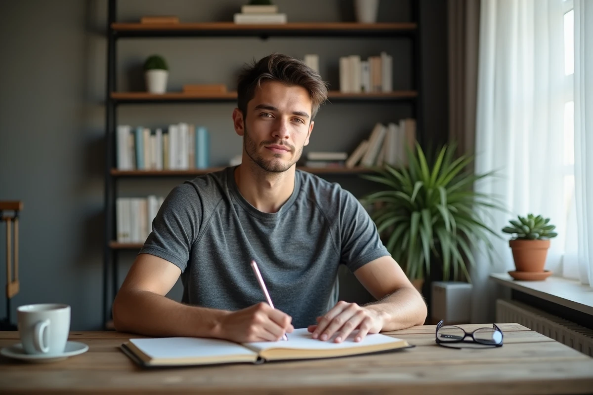 Homme écrivant dans un journal personnel dans le cadre d'une routine de bien-être mental matinale