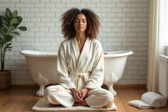 Femme pratiquant la méditation lors d'un rituel de bain relaxant pour améliorer sa santé mentale