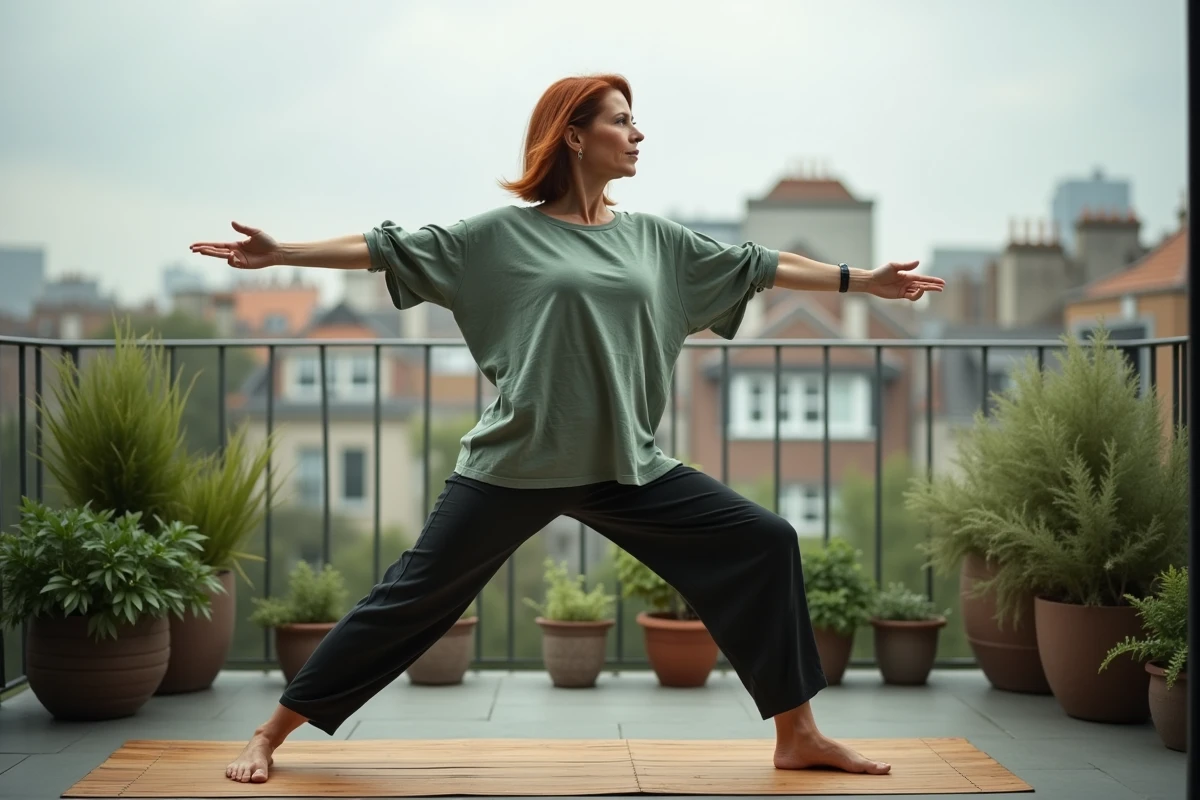 Femme pratiquant le yoga sur un balcon urbain entouré de plantes dans le cadre de soins personnels pour la santé mentale