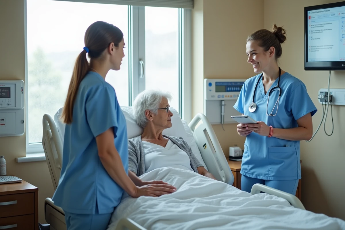 Infirmières pratiquant des soins collaboratifs auprès d'une patiente âgée dans une chambre d'hôpital