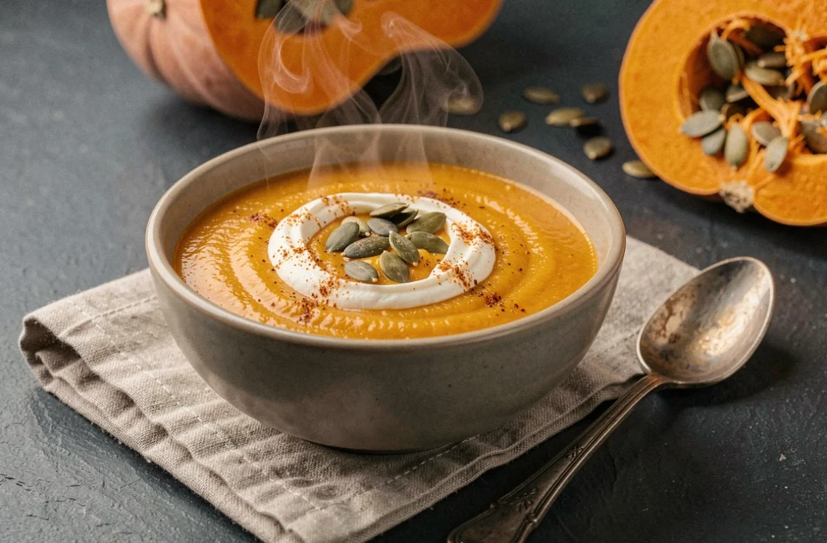 Bol de soupe de butternut fumante garnie de graines de courge et de crème, posé sur une ardoise sombre, illustrant l'effet coupe-faim et la satiété de la courge butternut
