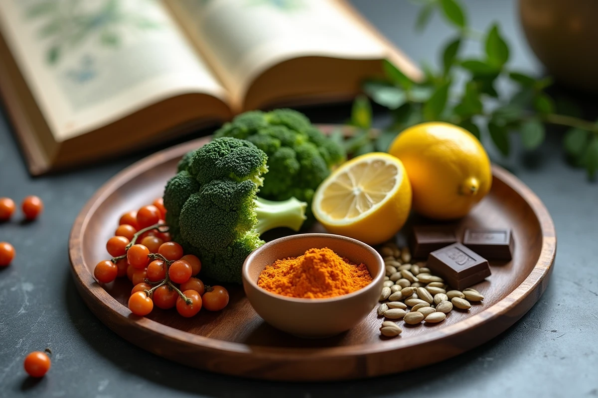 Plateau en bois avec une sélection d'aliments naturels riches en vitamines, graines, citron et épices