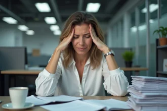 Femme stressée au bureau se tenant les tempes, illustrant le lien entre stress chronique et risque de cancer