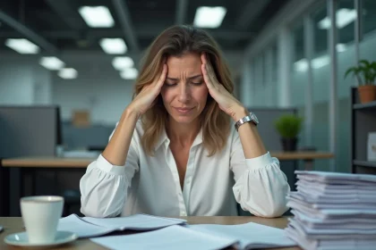 Femme stressée au bureau se tenant les tempes, illustrant le lien entre stress chronique et risque de cancer