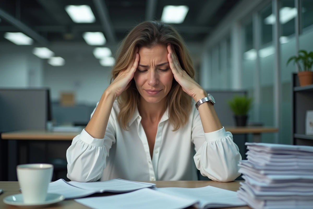 Femme stressée au bureau se tenant les tempes, illustrant le lien entre stress chronique et risque de cancer