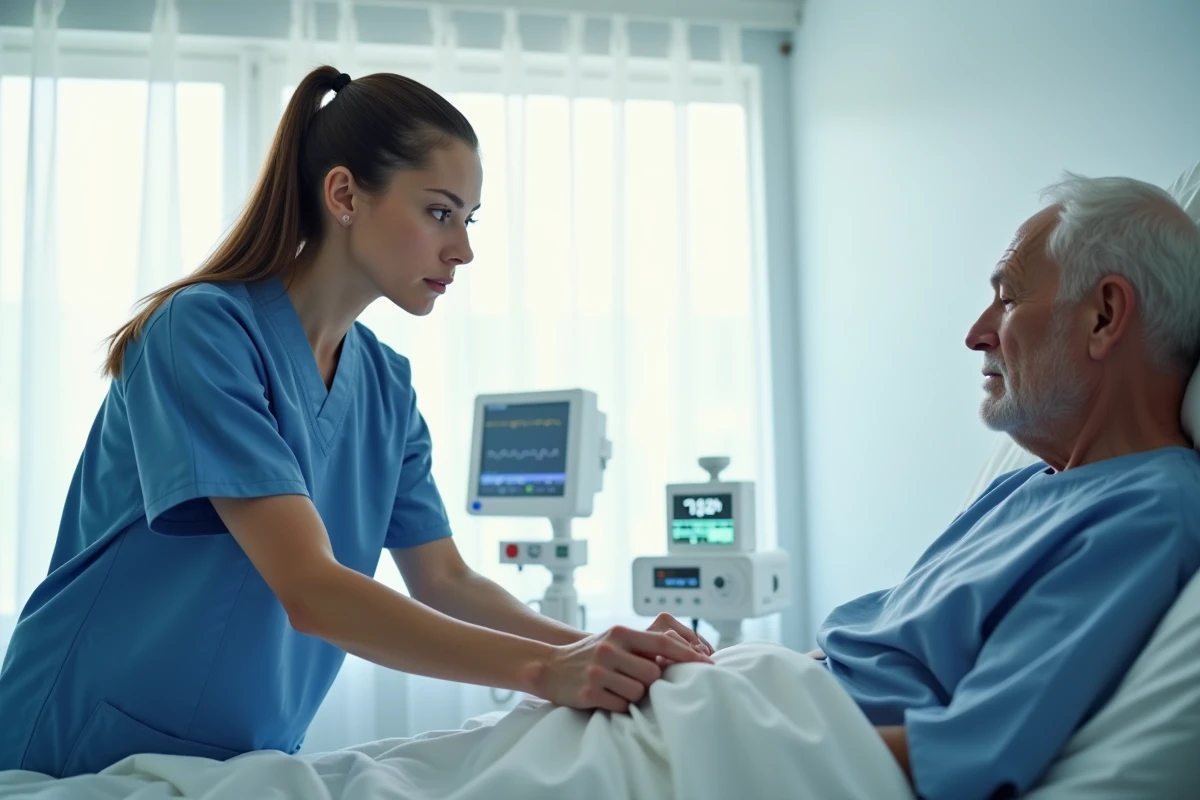 Infirmière surveillant la respiration d'un patient âgé dans une chambre d'hôpital
