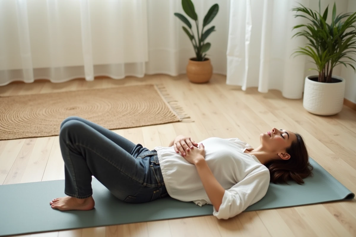 Jeune femme pratiquant la surveillance de sa respiration allongée sur un tapis de yoga à domicile