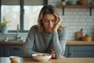 Femme souffrant de symptômes de malabsorption intestinale assise dans une cuisine, main sur l'abdomen